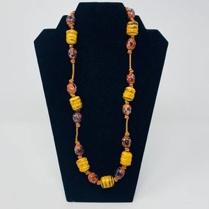 Vintage Necklace Hand Made Ceramic And Wood Beads Strung On Leather All Natural